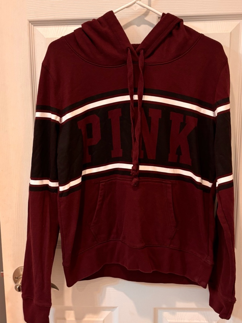 Victoria's Secret PINK Maroon Hooded Sweatshirt with Black & White Stripes